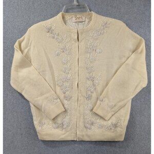 Vintage Stewart's Sweater Womens Medium Ivory Beaded Angora Cardigan Made Japan